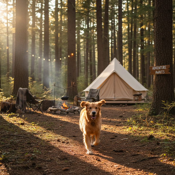 Hund im Wald mit Camp